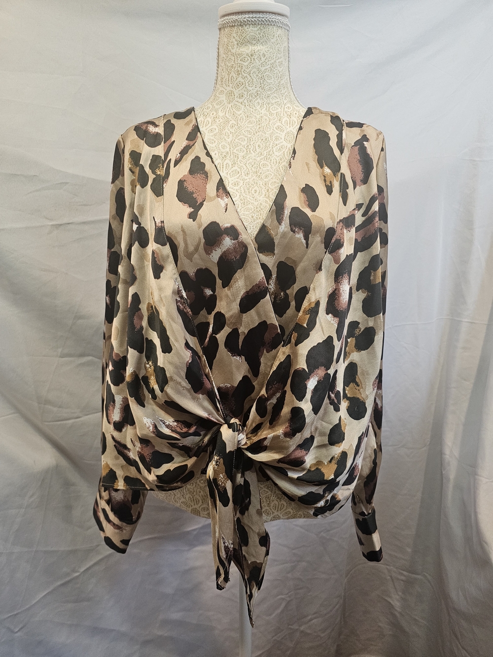 Hayden Los Angeles L/slv Taupe Leopard Print Tie-Front Blouse With Eladtic Back